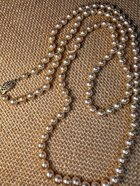 Strand (Broken) of Knotted Faux White Pearls with Gold tone Clasp--28 inches